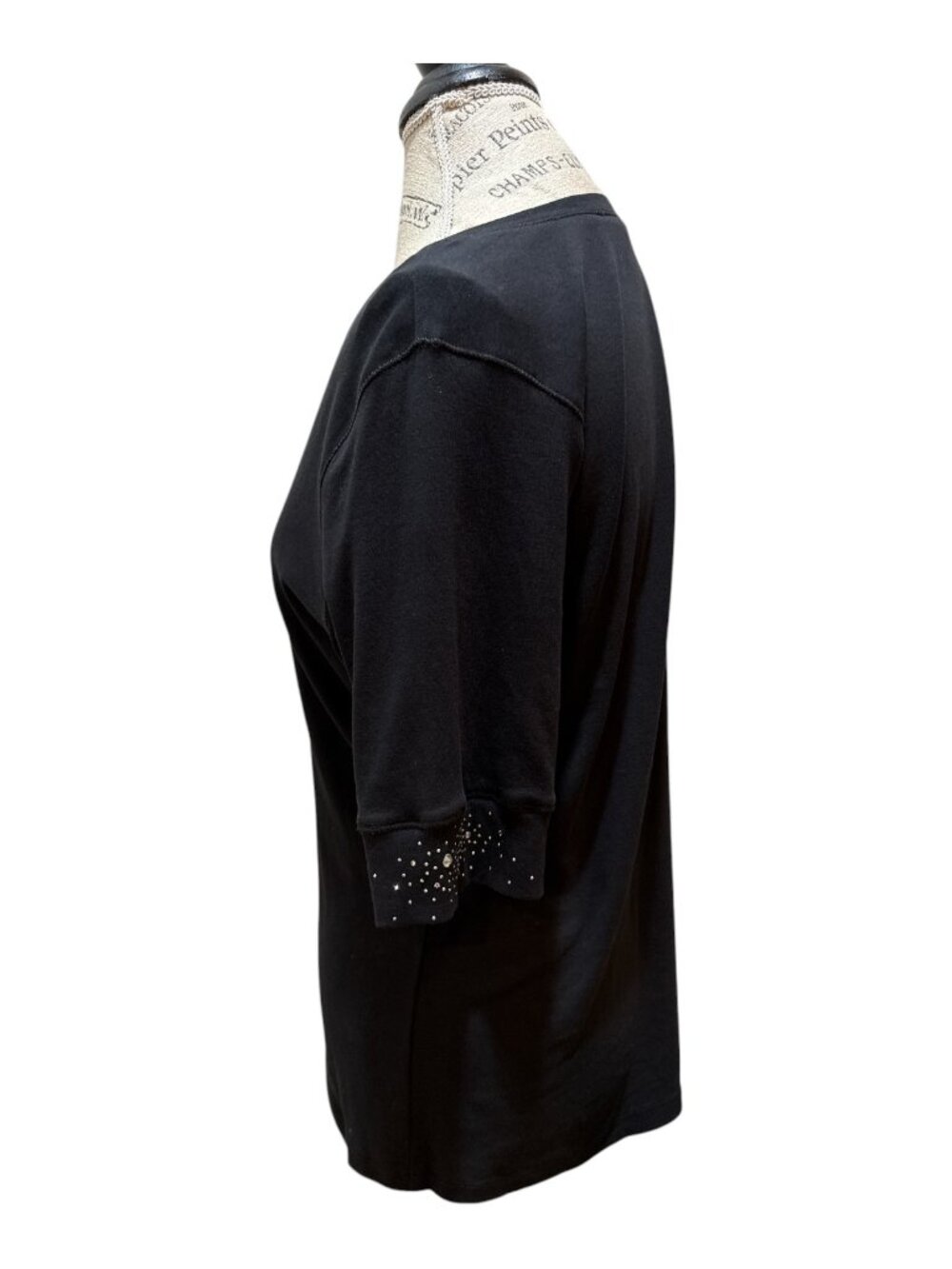 Christine Alexander Sz L Black & Sparkle & Stud V-Neck Short Sleeve Top - Picture 2 of 7